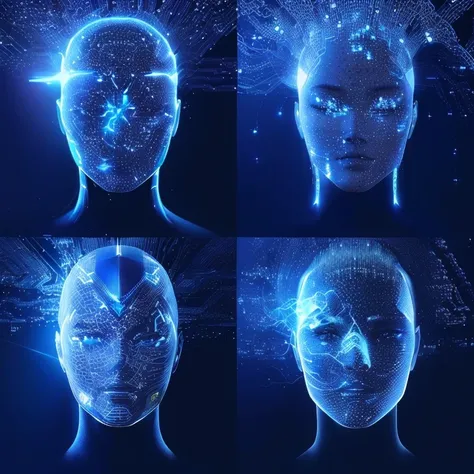 arafed image of a person with multiple facial features, Cybernetic Face, 蓝色全息Face, Face, futuristic avatar, blue face, beauty woman in holograms, face variations, coherent plane of symmetry, 真实的人Face, Beautiful highly symmetrical face, Symmetrical and accu...