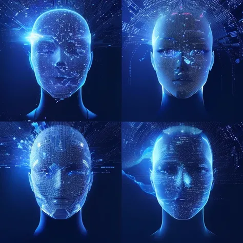 arafed image of a person with multiple facial features, Cybernetic Face, 蓝色全息Face, Face, futuristic avatar, blue face, beauty woman in holograms, face variations, coherent plane of symmetry, 真实的人Face, Beautiful highly symmetrical face, Symmetrical and accu...