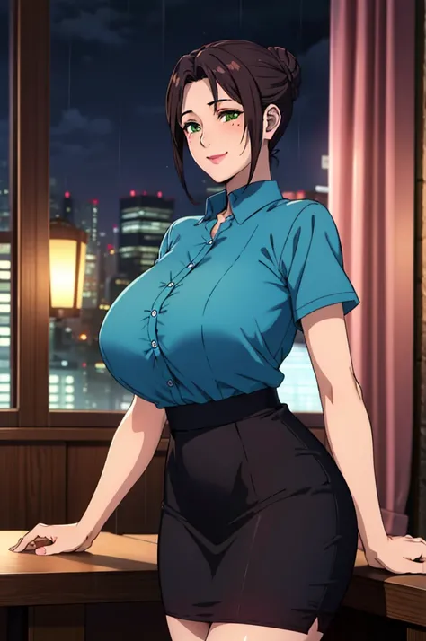 blue shirt, black skirt, luxury livingroom background, window, night, rainy night city view, sayuri, anime cels style, best quality, high resolution, 1girl, (huge breasts:1.2), beautiful face, green eyes, dark brown hair, (half bun hair), (two beauty spots...