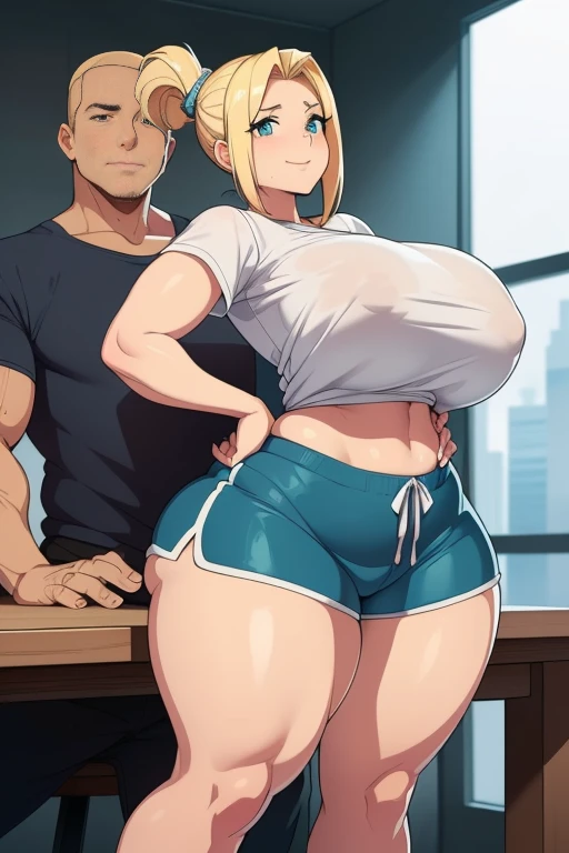 High resolution, (((two people in picture))), (one is a mature white girl, (((bimbo))), thick, long blonde, ponytail, she is smiling , very big wide hips, thick thighs, hourglass figure, small round breast, ((shes wearing dolphin shorts)), a table is in be...