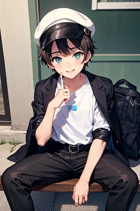 (((pixel-perfect, detail-perfect))), solo, 1boy, mata Belo(yeolayres), hat cyan, shirt white, jacket leather, pants black, belts, shoes black, school, smile, (bag on the jacket), 12 year old