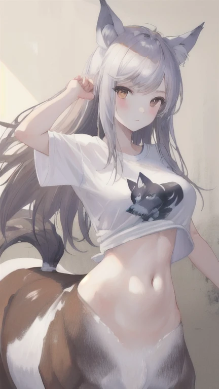 (best quality, masterpiece), 1 girl, centaur, It takes, White skin,belly button t-shirt, beautiful girl perfect wolf photo, perfect wolf photo