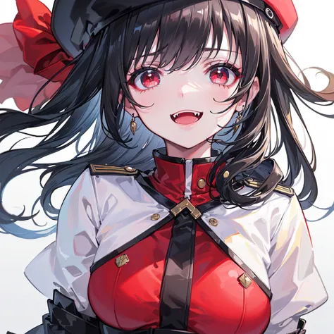 (((Best quality, 8k, Masterpiece: 1.3)), ((best quality)), ((masterpiece)), (detailed), Girl、Black Hair、beret、uniform、Red eyes、Sharp Fangs、Black Ruthless smile