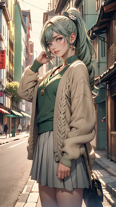 masterpiece , highest quality,Nahida(Genshin Impact) ,One girl , Small breasts,Long Hair ,Side Ponytail, hair ornaments , Gray Hair , Green Hair , Place your hands behind your head:1.5,Multicolored Hair, Fairy , Pointed Ears ,  , skirt ,cardigan,road , str...