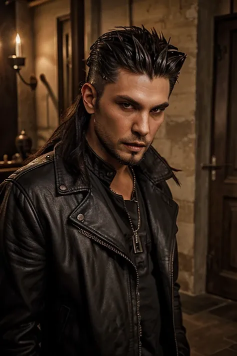 One boy, vampire, spiked hair long mullet in the back, showing fangs, wearing leather jacket, face forward, beard under cheekbones