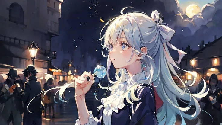 masterpiece, highest quality, Very detailed, watercolor, Focus on the face, moon, pretty girl, 1 girl, alone, one piece, beautiful light blue hair, Beautiful purple eyes, Beautiful Eyes, White skin, Long Hair, Transparent Hair, Translucent hair, ribbon, Fl...