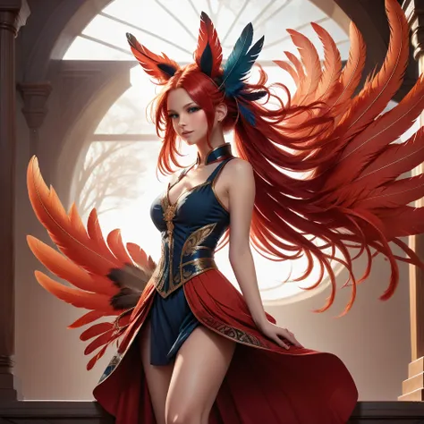 1girl, solo, vermillion hair,  dynamic pose, intricate details, feathers ears,