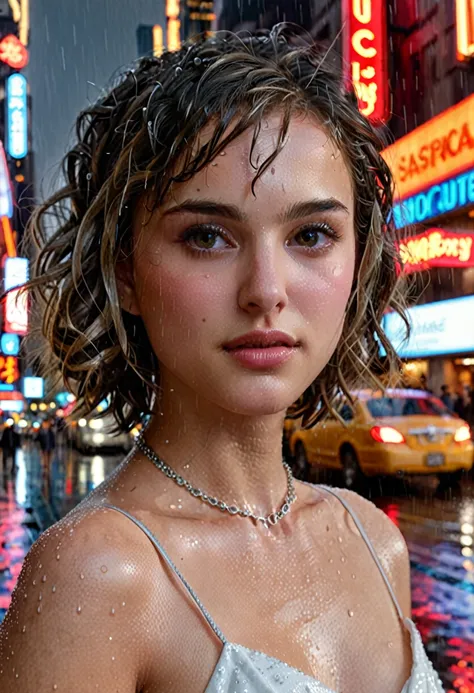 Looking into the camera, Bust Shot, Mix 4,(8k, RAW Photos, highest quality, masterpiece:1.2), (Realistic, photo-Realistic:1.37),1girl,cute,Cityscape, night, rain, Wet, Professional Lighting, Photon Mapping, Radio City, Physically Based Rendering, Gradient ...