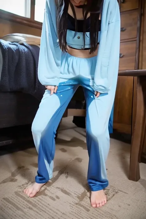 Japanese Girl thin body sees the ghost and pees her light blue lose pajama pants until his pants are wet pants in fright.