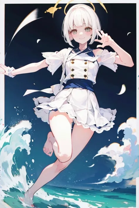 white hair, short hair, side ponytail, blunt bangs, smile, light smile, doyagao, high quality, best quality, fullbody