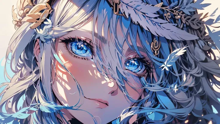 4K quality:1.2,Very beautiful illustration:1.2,Seraph,((Six white feathers on the back)),blonde,Long Hairstyles,((Beautiful cobalt blue eyes:1.2)),null