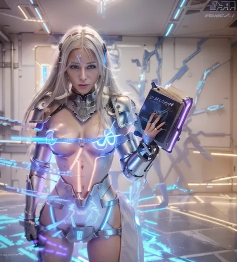 (Photorealistic:1.4) 1 beautiful girl, (cyberpunk silver armour technological with blue neon decourations), ((blonde straight hairs)), ultra beautiful cute, perfect, with a book that emits purple lightnings, 12k, UHD, PHOTOREALISTIC, ULTRA REALISTIC, raw p...