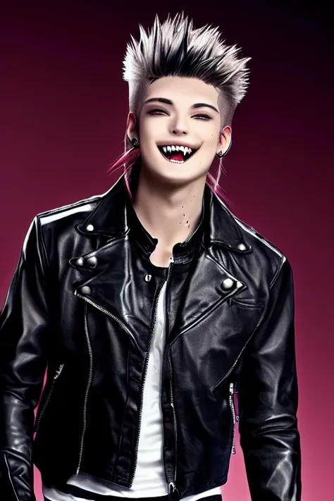 One boy, vampire, spiked hair long mullet in the back, showing fangs, wearing leather jacket, face forward, beard under cheekbones