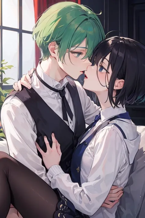 ((highest quality)), ((masterpiece)), (A woman with short hair and tights　French kiss with a man), Perfect Face

