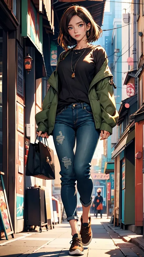 female anime character wearing a black long sleeve shirt and blue jeans, short brown hair, neck length, green eyes, tomer hanuka...