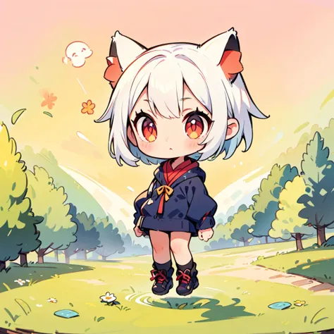 A cat-like person, Cute cat woman, alone, Little,silver hair, short bob hair, red eyes Deformation, 2 heads, Full body view, Focus on the ears, Forest and spring background, Hand-drawn illustrations.