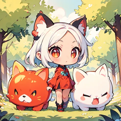 A cat-like person, Cute cat woman, alone, Little,silver hair, short bob hair, red eyes Deformation, 2 heads, Full body view, Focus on the ears, Forest and spring background, Hand-drawn illustrations.