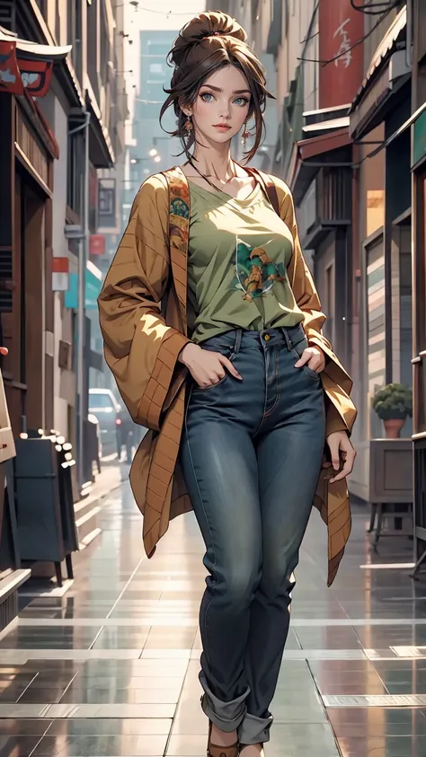 Female anime character wearing a black long sleeve shirt and blue jeans, Short brown hair, Neck length, Green Eyes, Tomer Hanukah inspired digital painting, Topics on pixiv, Sequential Art, Close up of intense gesture style, Full body details, Wear casual ...