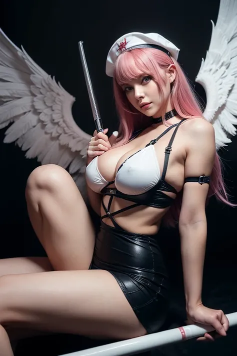 masterpiece,highest quality,((2 beauties)),Pink Hair,bangs,Bobcut,nurse cap,Big Breasts,(Black Bondage),(Devil Nurse),(holding a big scythe in his hand),(Bat wings on shoulders),(Spread your legs:1.2),Cemetery at night,nurse cap,Blue long hair,Big Breasts,...