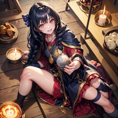 Dark Blue Hair、Golden Eyes、Braid、One good looking girl、solo、anime、Checkered mini skirt、Ruffles on the skirt、Red T-shirt、Cape、Gothic、Black knee-high socks、bandana、Wearing a ribbon、Ribbon on waist、Tilting face、Teeth are visible、Sunset sky、Piercing the clouds...