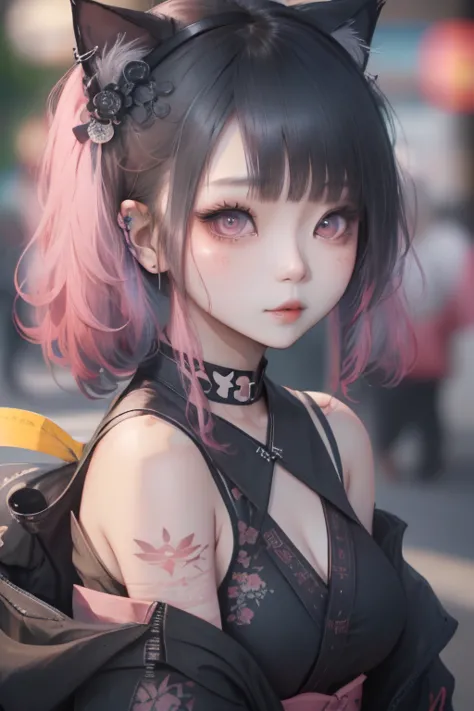 close-up of woman with tattoo on chest，ruan cute vtuber，korean girl，very beautiful and cute cat girl，cutecore，beautiful korean w...