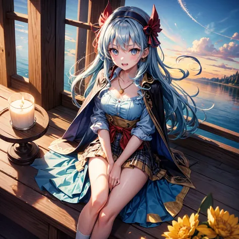 Aqua blue hair、Golden Eyes、Braid、One good looking girl、solo、anime、Checkered mini skirt、Ruffles on the skirt、Red T-shirt、Cape、Gothic、Black knee-high socks、bandana、Wearing a ribbon、Ribbon on waist、Tilting face、Teeth are visible、Sunset sky、Piercing the clouds...