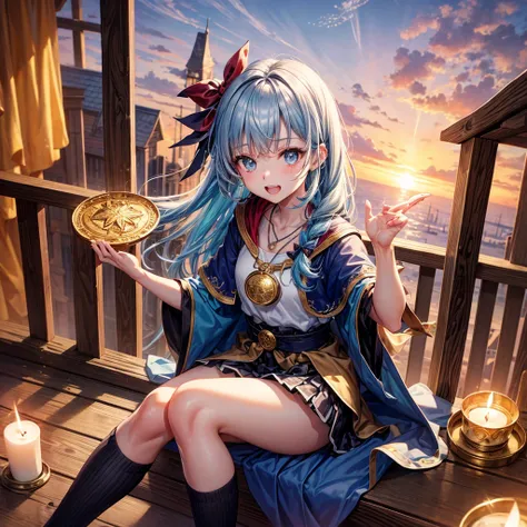 Aqua blue hair、Golden Eyes、Braid、One good looking girl、solo、anime、Checkered mini skirt、Ruffles on the skirt、Red T-shirt、Cape、Gothic、Black knee-high socks、bandana、Wearing a ribbon、Ribbon on waist、Tilting face、Teeth are visible、Sunset sky、Piercing the clouds...