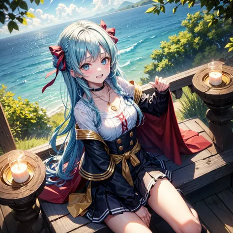 Aqua blue hair、Golden Eyes、Braid、One good looking girl、solo、anime、Checkered mini skirt、Ruffles on the skirt、Red T-shirt、Cape、Gothic、Black knee-high socks、bandana、Wearing a ribbon、Ribbon on waist、Tilting face、Teeth are visible、Sunset sky、Piercing the clouds...