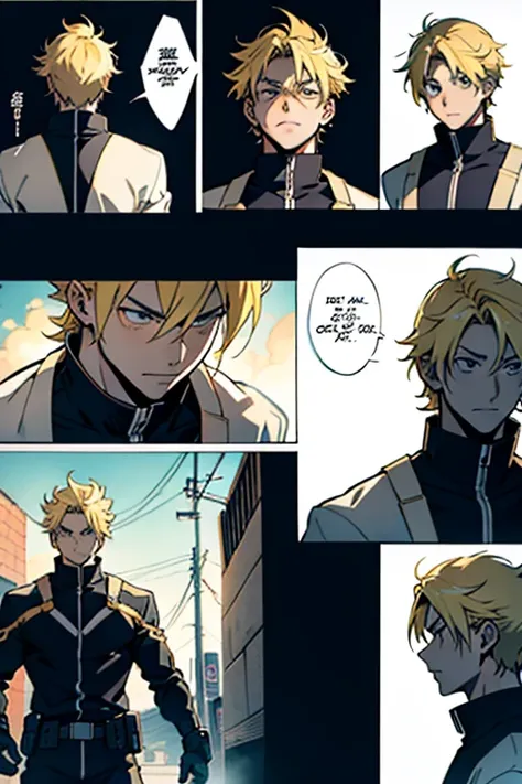 Anime guy with blonde hair jumping, manga page with panels and dialogue 