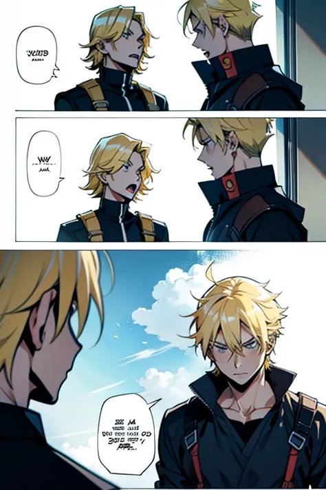 Anime guy with blonde hair yelling, manga page with panels and dialogue 