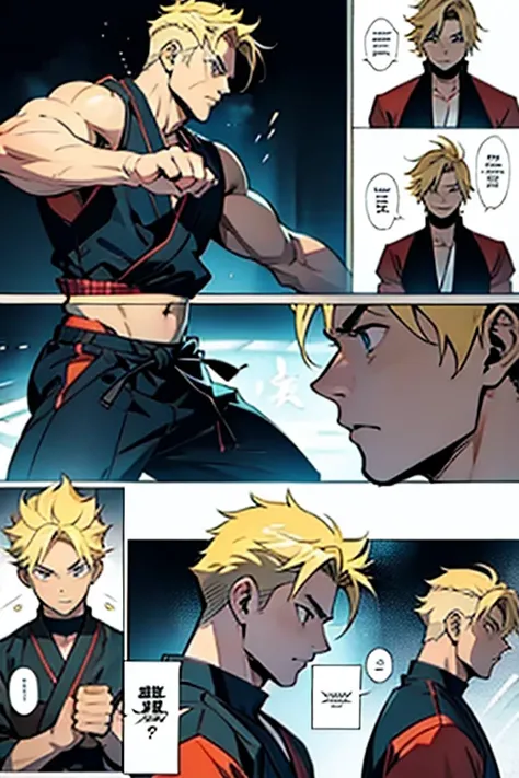 Anime guy with blonde hair doing martial arts, manga page with panels and dialogue 