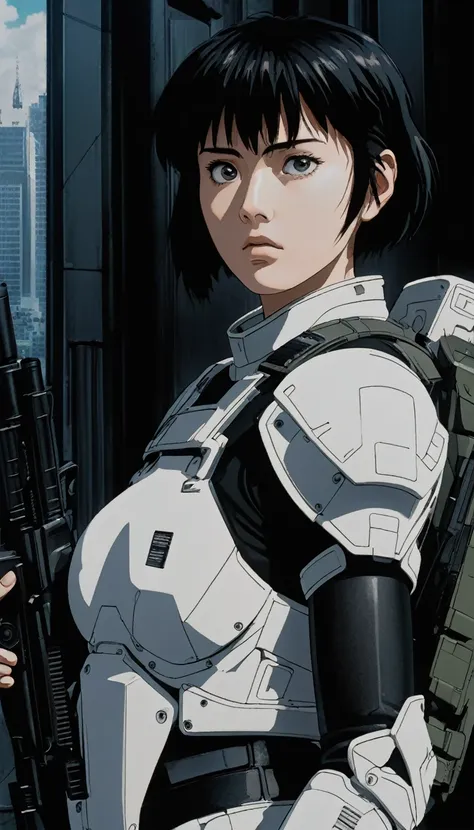 (best quality,4k,8k,highres,masterpiece:1.2),ultra-detailed,(realistic,photorealistic,photo-realistic:1.37),highly detailed 90s anime style portrait,Motoko Kusanagi,Ghost in the Shell,black and white armor,gun in hand,partially invisible camouflage,cinemat...