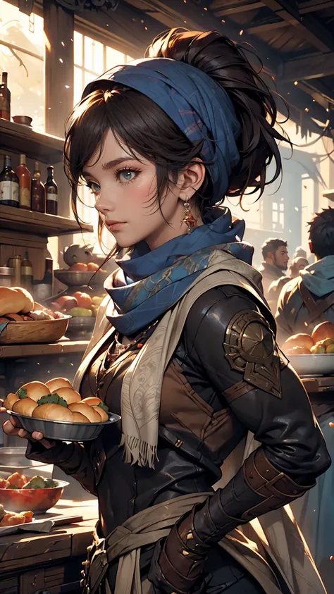 A picture of a woman with a scarf around her neck, Craig Mullins Alphonse Mucha, Artgerm Craig Mullins, Beautiful character drawings, Lads and Lois Van Baarle, Artjam and Athi Gairan, Charlie Bowter: Rich and deep colors, Lostrun 8k, ( ( Heaps of food ) ),...