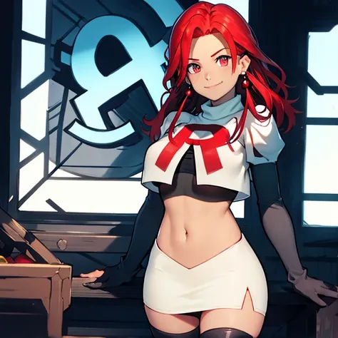 hapi, red hair, team rocket, team rocket uniform, red letter r, white skirt,white crop top,black thigh-high boots, black elbow g...