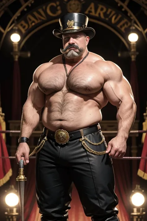  Hyperrealistic image of an old 19th century blonde German Steampunk circus ringmaster with bare torso gray hair with huge handlebar mustaches A super heavy bodybuilder flexing his muscles A full body obese bodybuilder with a very sweaty body An elderly ex...