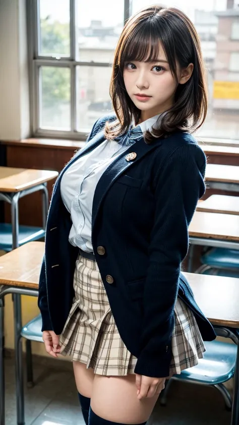 masterpiece, best quality, illustration, Super detailed, fine details, High resolution, 8K,wall paper, perfect dynamic composition,(Details High quality, realistic depiction of eyes:1.3), from side, High School Classroom、High school girl uniform、blazer 、Su...