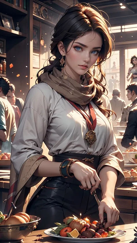 A picture of a woman with a scarf around her neck, Craig Mullins Alphonse Mucha, Artgerm Craig Mullins, Beautiful character drawings, Lads and Lois Van Baarle, Artjam and Athi Gairan, Charlie Bowter: Rich and deep colors, Lostrun 8k, ( ( Heaps of food ) ),...