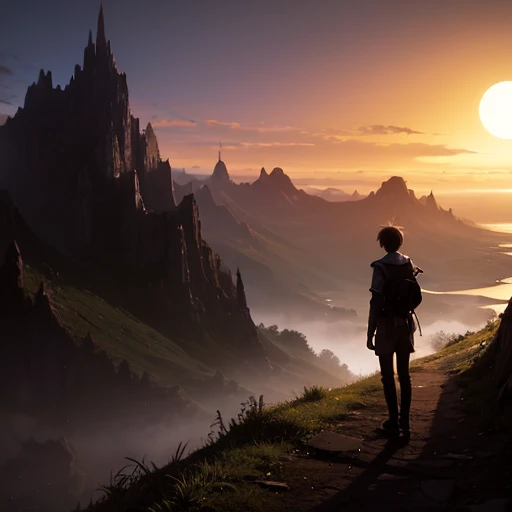 Back view of a boy standing on a path in the sunset、The shadows are long、Fantasy world atmosphere、Alone in the distance