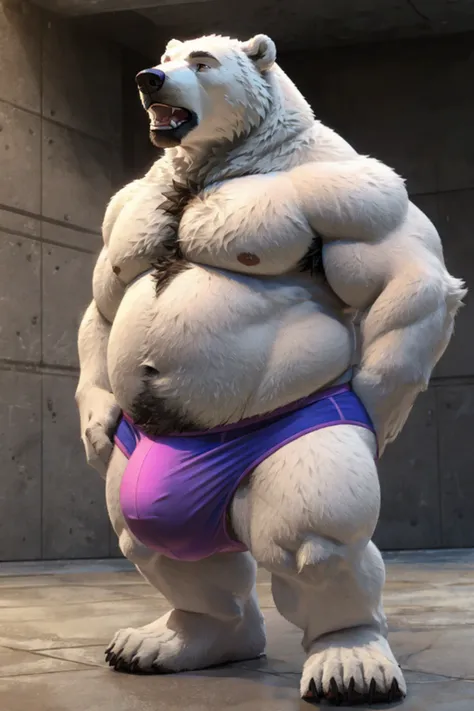 Overweight polar bear、Polar bear fur、Belly rubbing pose、Fat-filled abdomen、Profile of face、Side view、Extremely large bulging crotch underwear、Male genitalia outline、Lots of pubic hair、Very long armpit hair、Thick chest hair、Composition looking up from diago...