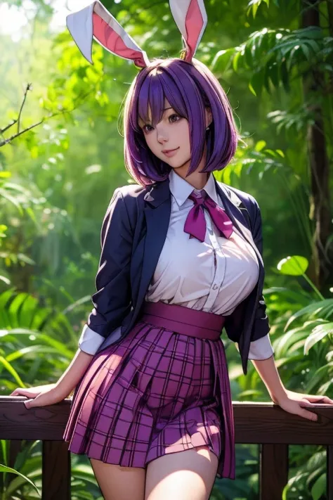 sit in tropical rainforest , steam , waistband of skirt is at the point above chest , plaid skirt , pleated skirt , Tight shirt , white Shirt , school girl , skirt under breasts , skirt is near breasts area , skirt is adjacent to the chest , (masterpiece, ...