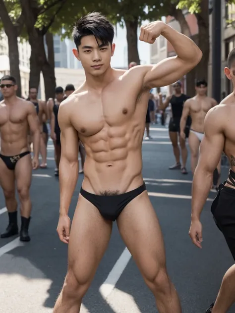 1boy,one handsome man,Asian,(head turned, looking at viewer:1.5),(short black hair:1.3),perfect hands,five fingers on each hand,black boots,(sexy bikini thong:1.3), (pubes: 1.3), shirtless, topless, lifted arms, muscular,(manly pose on the gay parade:1.5),...