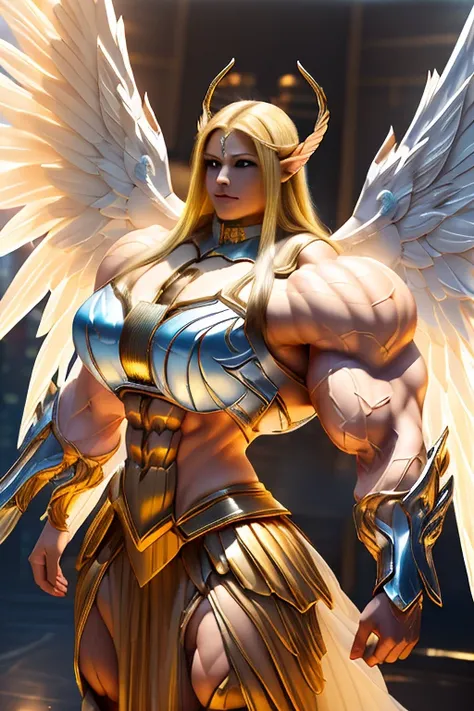 ((((Massive tall, beautiful, buff, light brown skinned muscular angel woman with yellow hair, huge angel wings, ginormous bulky muscles, flying and wearing a beautiful white angel futuristic armor with pleated skirt)))), (close view), massive muscles, mass...