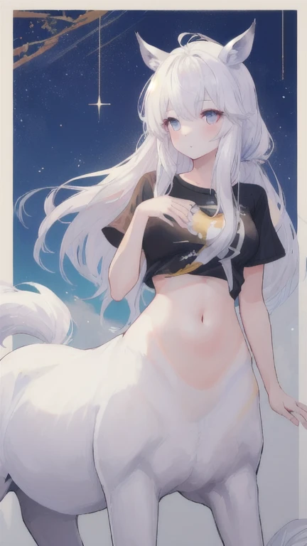 (best quality, masterpiece), 1 girl, centaur, It takes, White skin, racehorse, belly button t-shirt, 아름다운 소녀 perfect wolf photo, perfect wolf photo