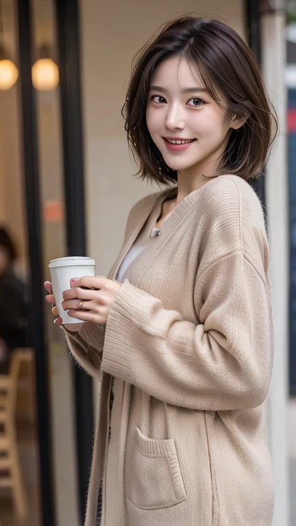 cute 21 year old japanese、drink coffee in a café、nice cafe、super detail face、pay attention to details、double eyelid、beautiful th...