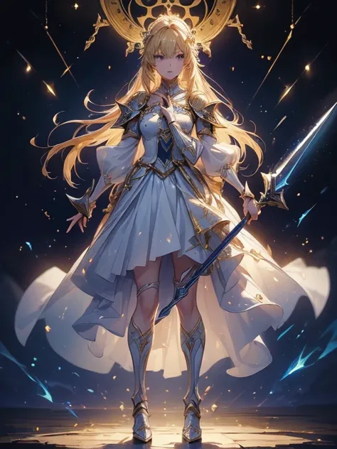 Design a layout showcase Gaming character, (1girl). Golden+Purle clothes, stylish and unique, ((showcase weapon:1.4)), magic staff, (masterpiece:1.2), (best quality), 4k, ultra-detailed, (Step by step design, layout art:1.5), (luminous lighting, atmospheri...