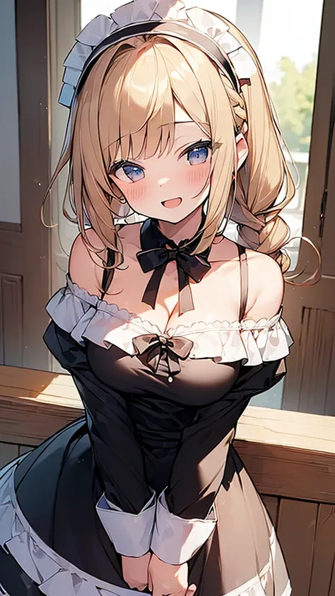 (Masterpiece, Top quality: 1.5), (French maid:1.4),(off shoulder:1.3) ,walking, 1 beautiful girl, solo, blond hair, Braided hair, medium hair, wave hair, (junior high school student:1.2), big breasts, cleavage, standard weight, smile:1.2, blush:1.4, open m...