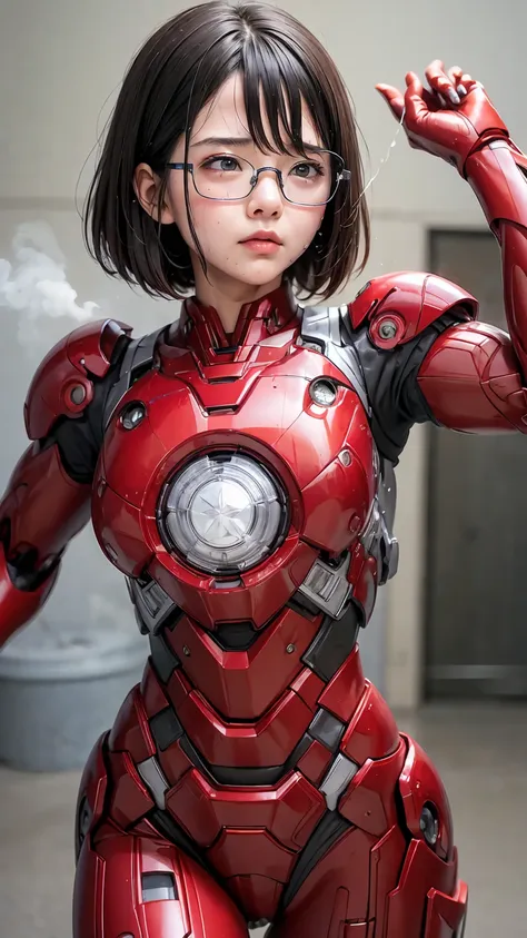 highest quality　8k red iron man suit girl　kindergarten girl　sweaty face　cute　short hair　boyish　steam coming from the head　my hai...