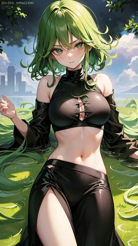 Masterpiece, Best Quality, anime girl with green curly hair wearing black outfit, pelvic curtain, tatsumaki from one punch man, tatsumaki, detailed face, detailed eyes, detailed body