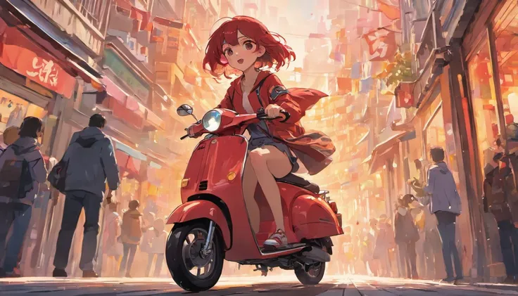 A young woman riding a red scooter through a bustling city street, the wind blowing through her hair, vibrant and colorful surroundings, Ghibli style, highly detailed, warm lighting