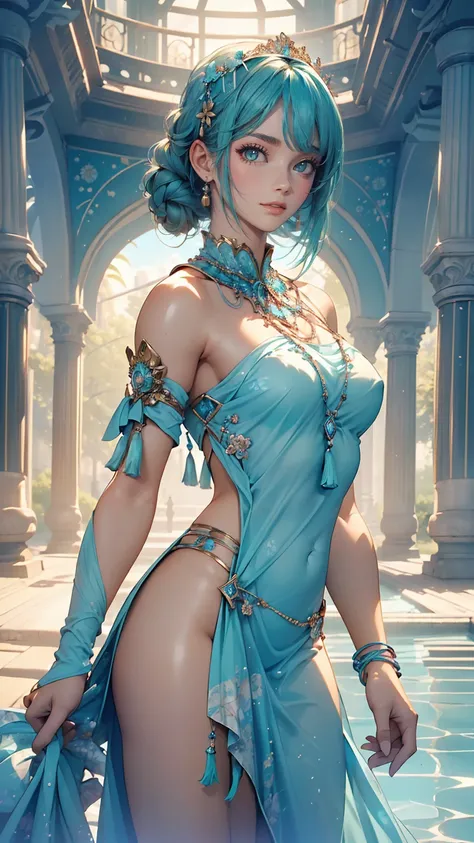 (masterpiece, highest quality, highest quality, Official Art, Beauty and aesthetics: 1.2), (One girl: 1.3), (Fractal Art: 1.3), Bright aqua blue eyes, Medium length hair with tassels, Nude midpart